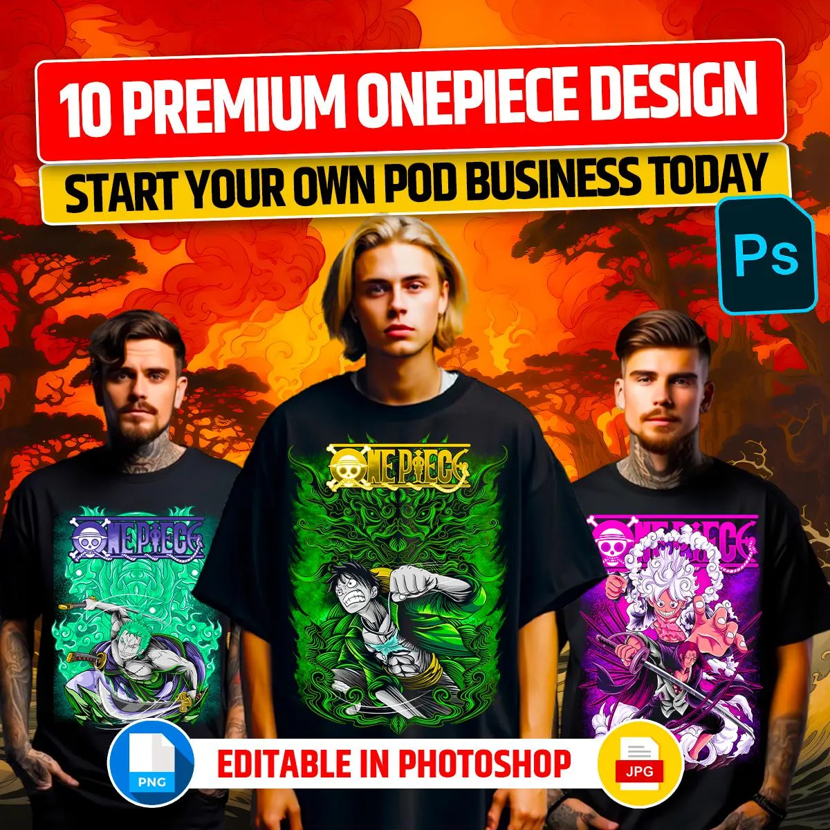 10+ Premium One Piece Anime T-Shirt Design Bundle - Car & Bike T-shirt design bundle